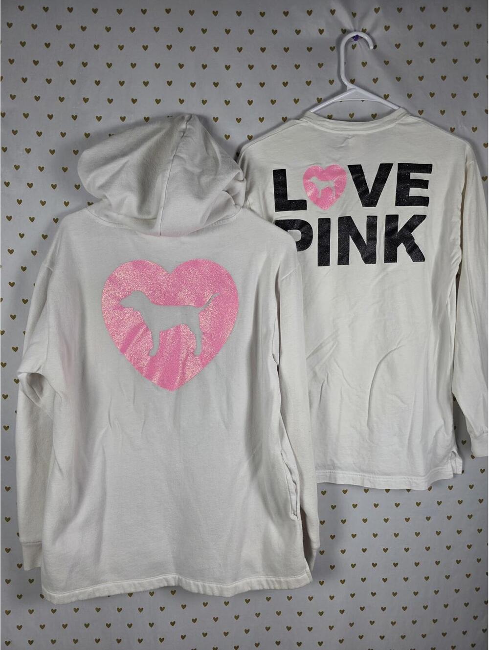 Victorias Secret Pink CAMPUS ORIGINALS Glitter HEART BLING Hoodie TEE SHIRT SET